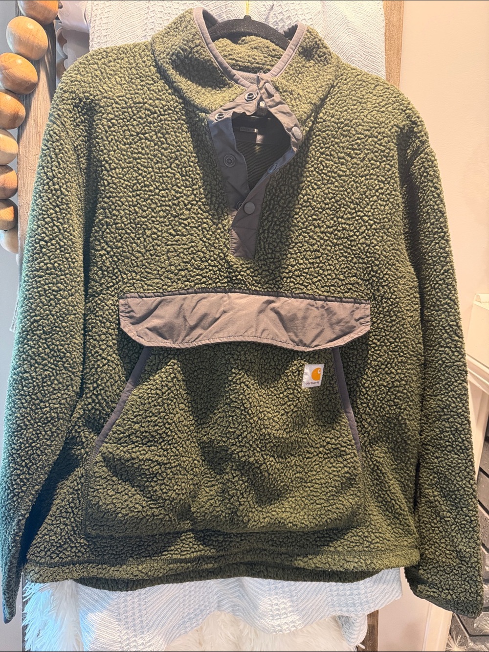 Carhartt Olive Green Sherpa Pullover with Brown Trim